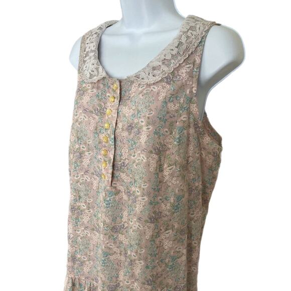 Vintage 80s Cottage Prairie Boho Calico Floral Drop Waist Lace Collar Dress M/L - Picture 4 of 8